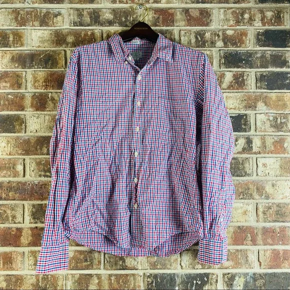 Tailored by J. Crew Men Slim Fit Gingham Check Red Blue Button Down Shirt Size: - Picture 3 of 8